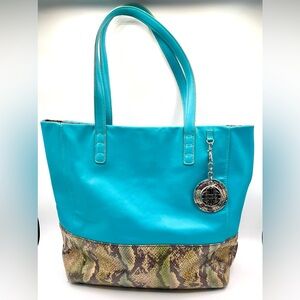 KATE LANDRY Turquoise Leather Large Tote Shoulder Bag with snakeskin-Pattern.